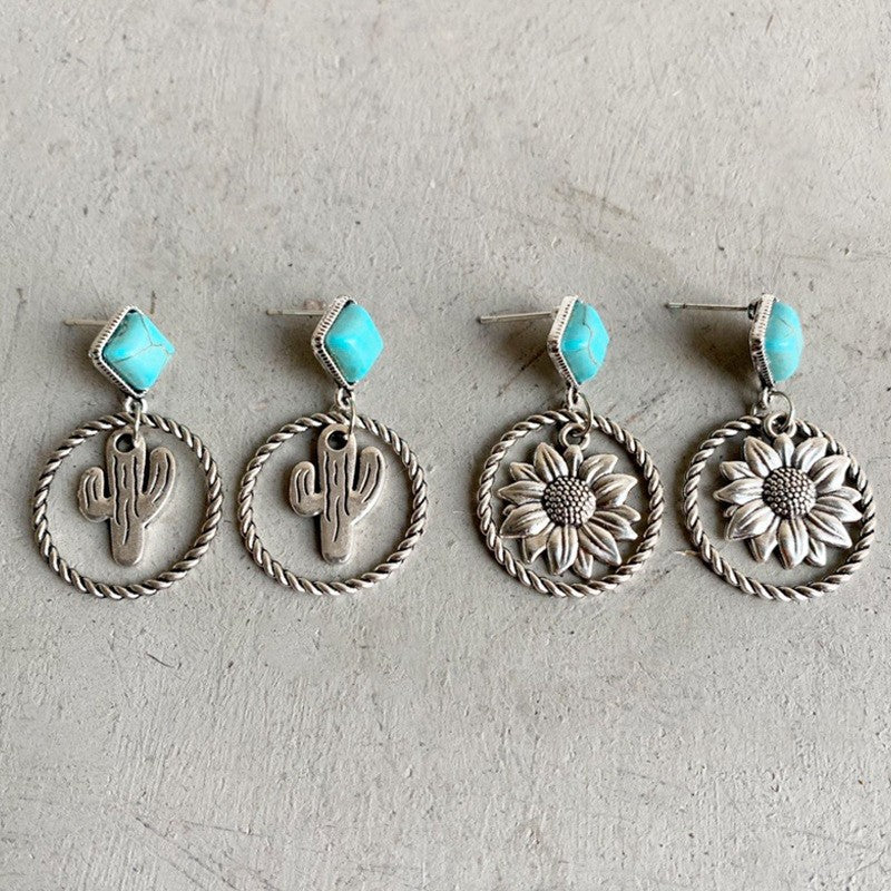 Wholesale Western Bohemian Ethnic Style  Cactus Alloy Pine Stone Earrings