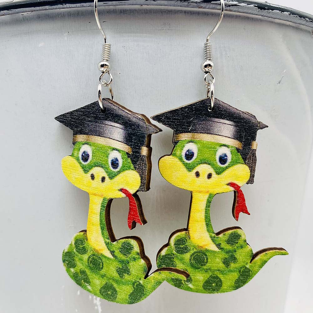 Wholesale Graduation Season Wooden Earrings Doctor Cap English Letter Pencil Book Printed Pendant Earrings