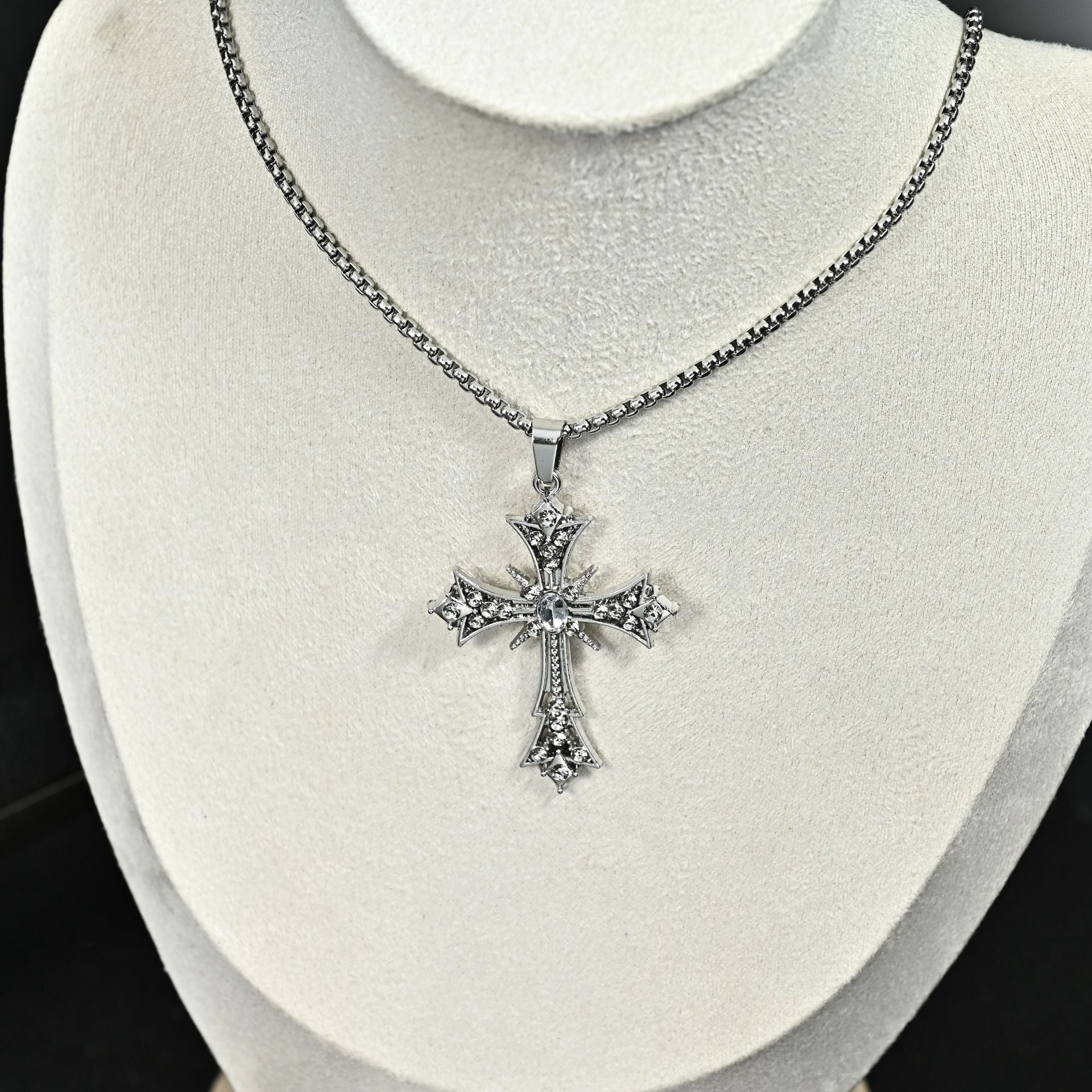 Wholesale Full Diamond Square Cross Necklace Stainless Steel Unisex Sweater Chain Jewelry Accessory