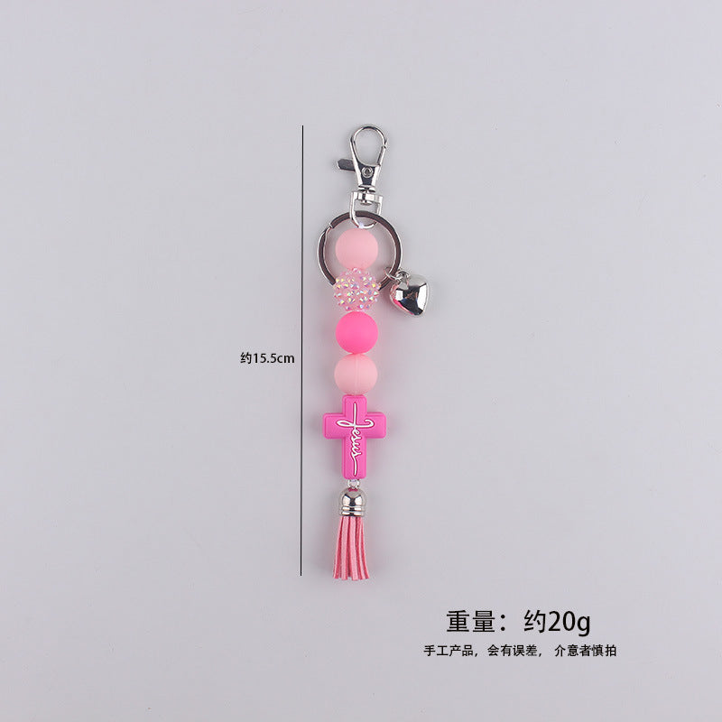 Wholesale Creative Cross Tassel Keychain Charm Silicone Beaded Bag Accessory