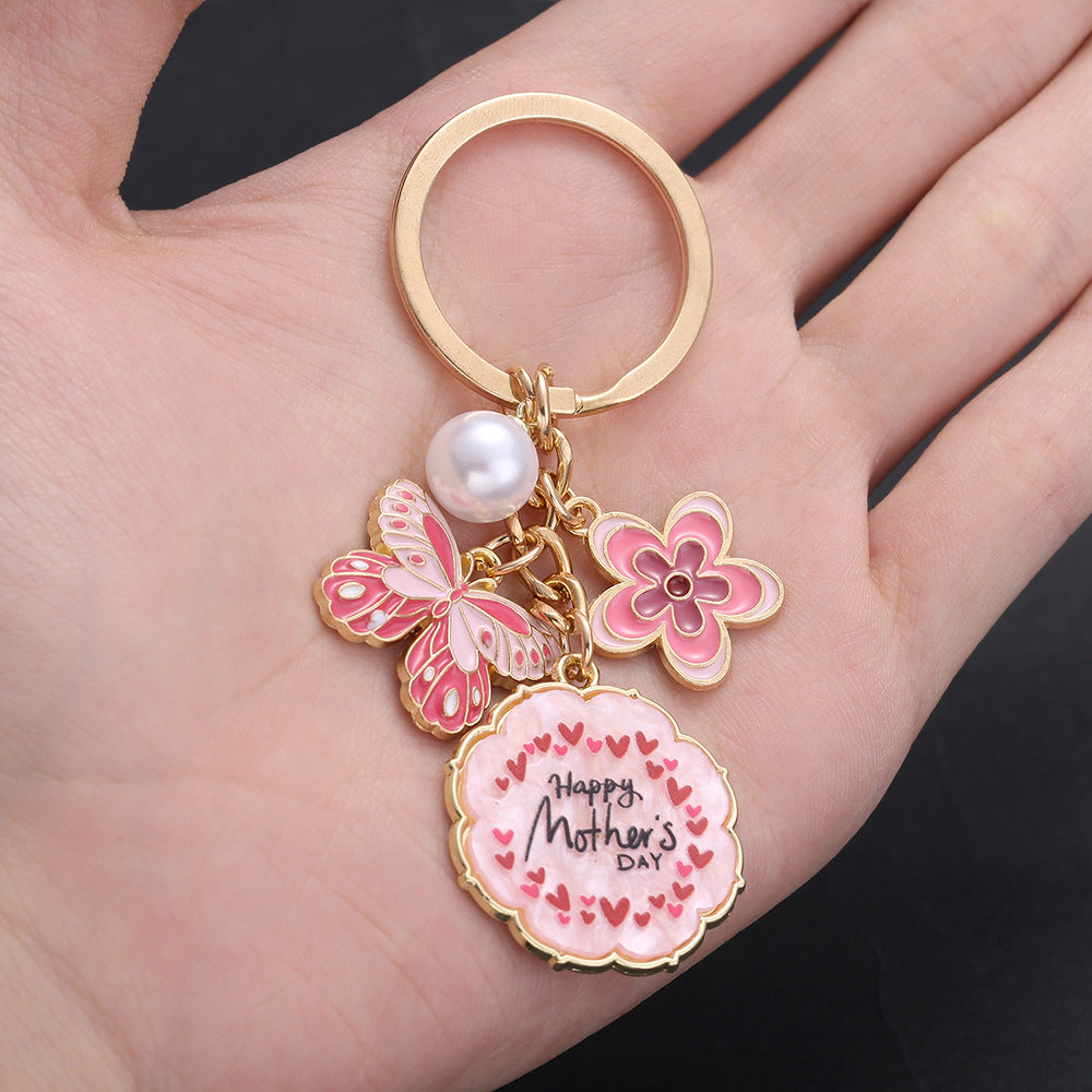 Wholesale Oil Dropping Pink Butterfly Flowers Pearl HAPPYMOTHER' SDAY Keychain Jewelry Pendant