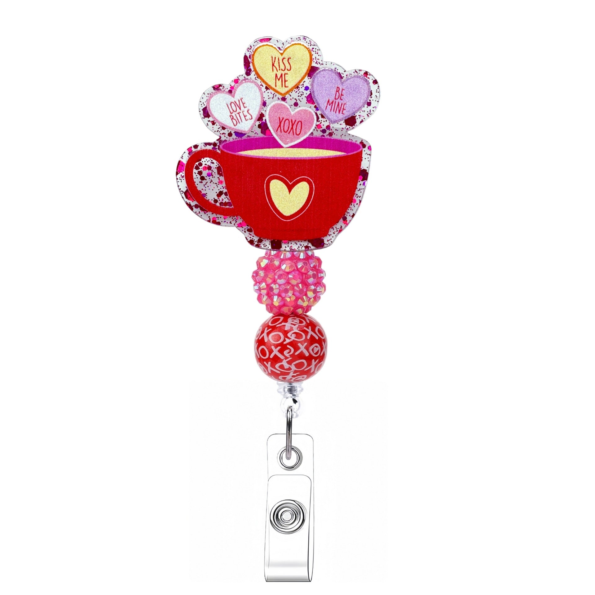 Wholesale  Pink Beaded Valentine' s Day Retractable Badge Reels,