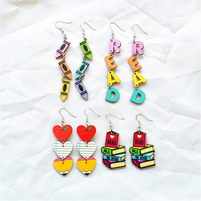 Wholesale  Teacher' s Day Earrings Creative Love Letter Books Wooden Long Teacher Gifts Sweet Earrings for Women