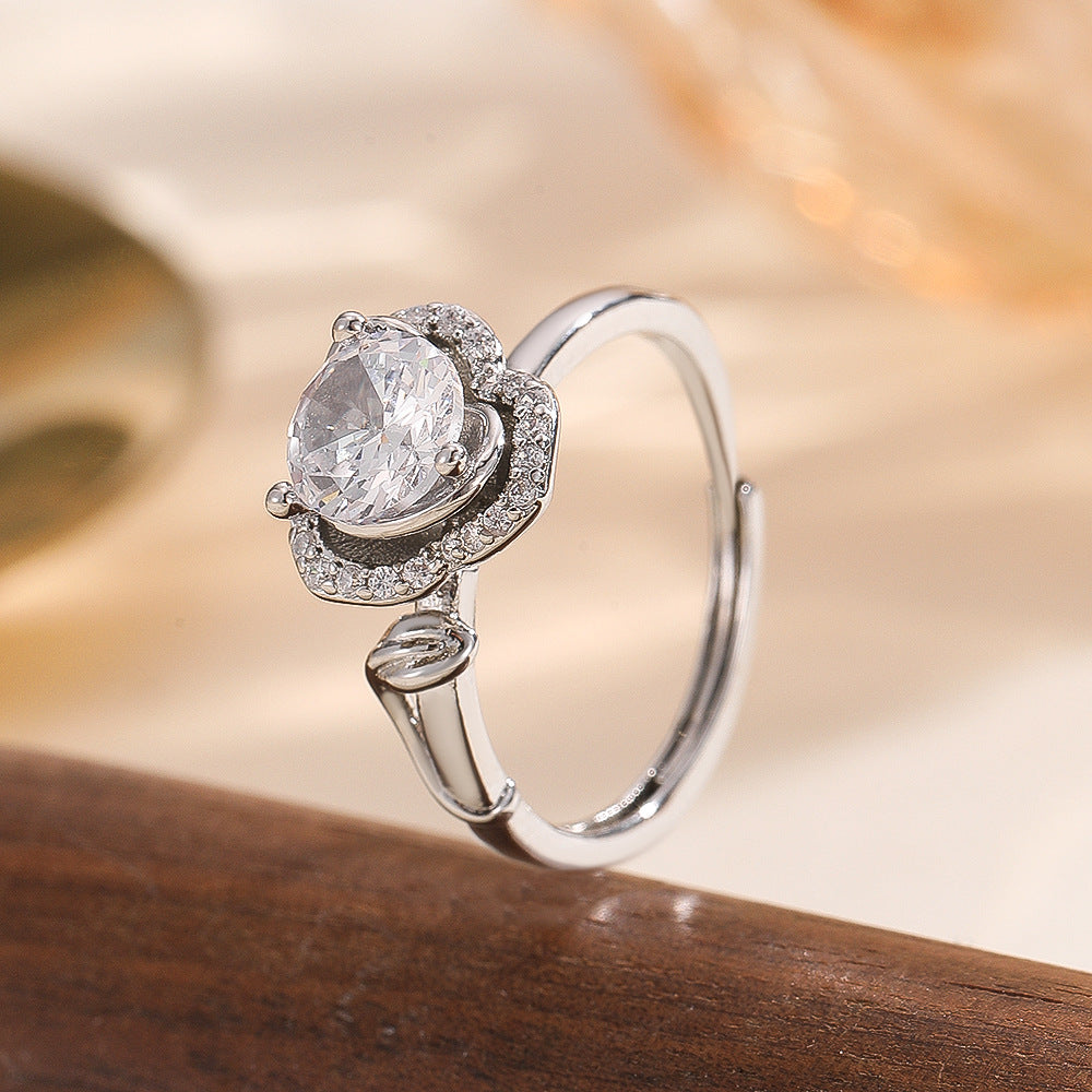Wholesale Copper Zircon Flower Ring Silver Tone Trendy Fashion Jewelry Accessory