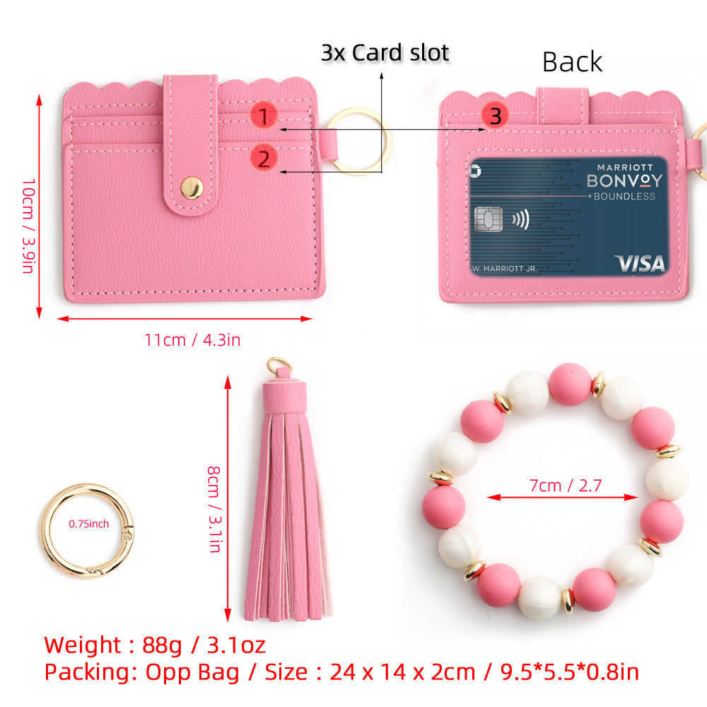 Wholesale  PU  wallet silicone bead bracelet card holder Wristlet Keychain
