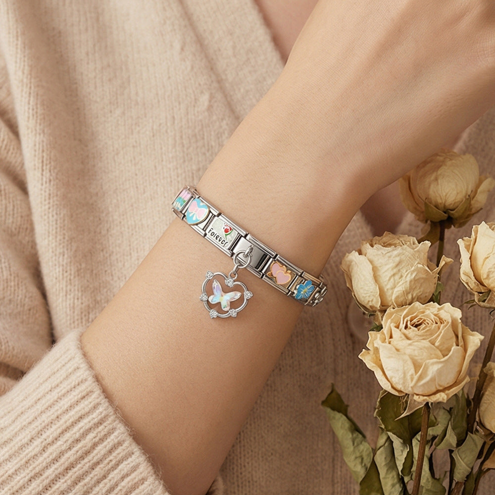 Wholesale Stylish DIY Welded Stainless Steel Module Bracelet Set with Oil-Drip Pattern and Butterfly Pendant Fashion Accessory