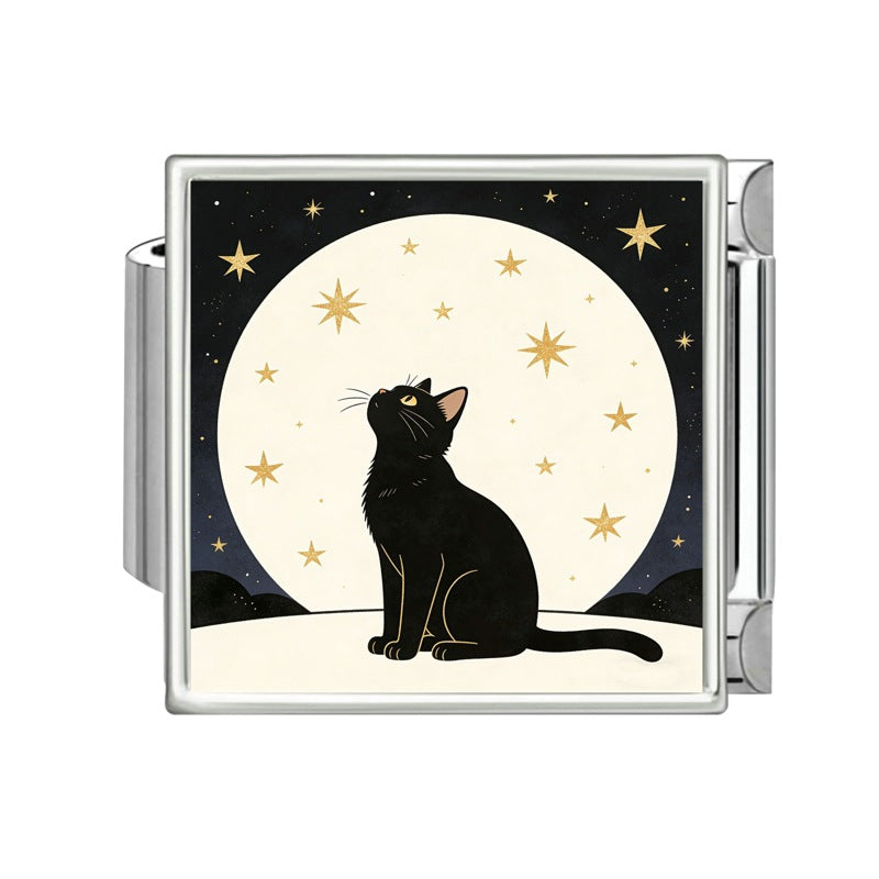 Wholesale Italian-Style Black and White Cat &  Star Patchwork Bracelet Stainless Steel DIY Jewelry Accessory