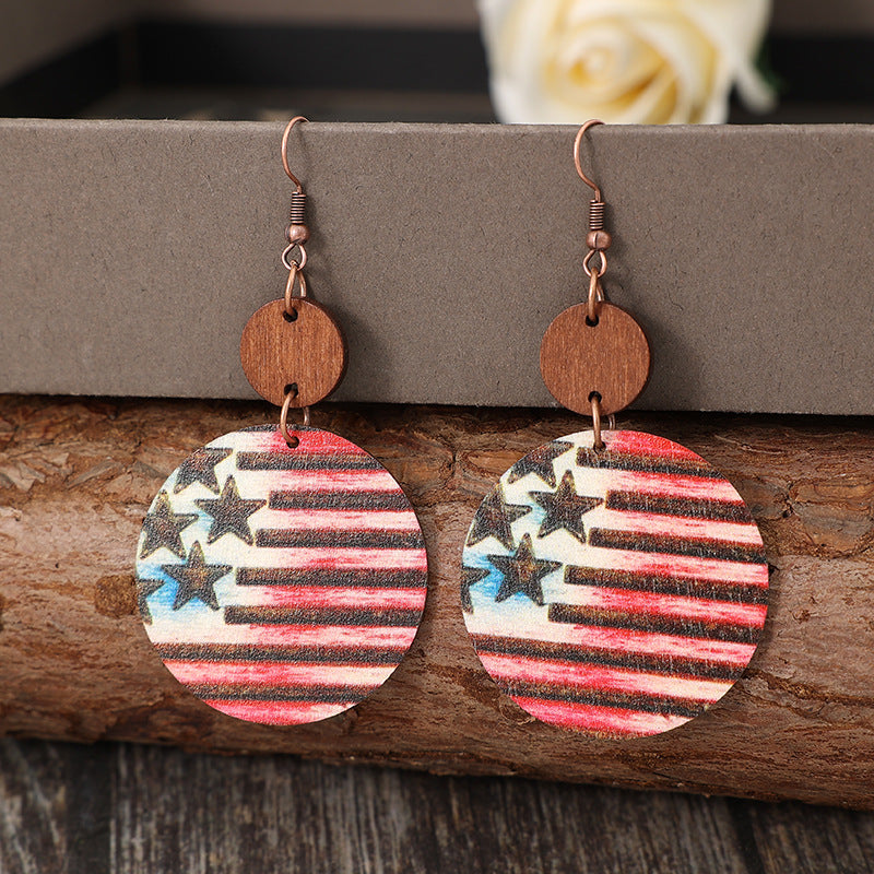Wholesale retro style American Independence Day carved five-pointed star striped wooden earrings ear studs