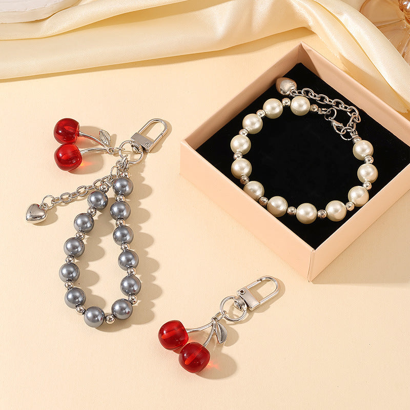 Wholesale Multifunctional Red Cherry Pearl Bracelet Keychains