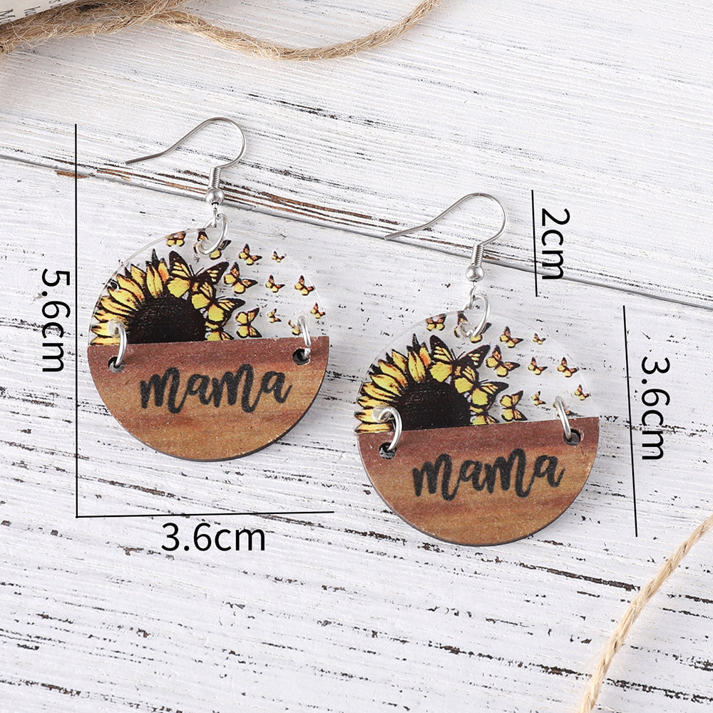 Wholesale Mother's Day MAMA Sunflower Butterfly Stitching Pendant Earrings