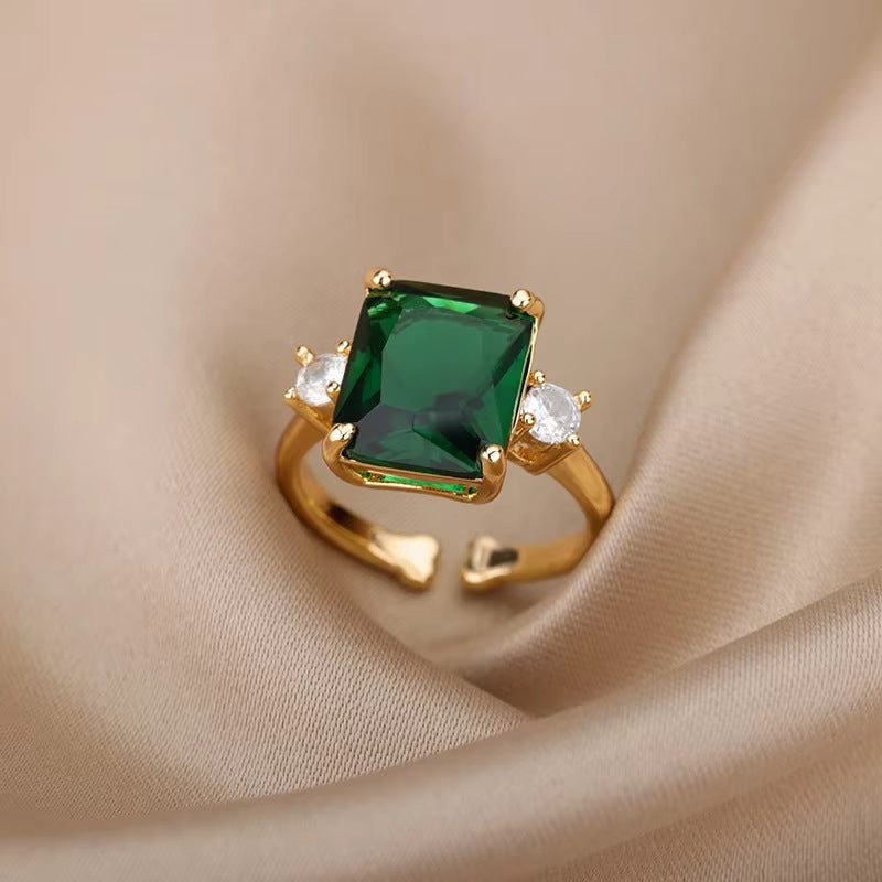 Wholesale Cross-border Light Luxury Retro Style Green Zircon Open Ring 18K Gold Plated Emerald High-grade Finger Ring Jewelry