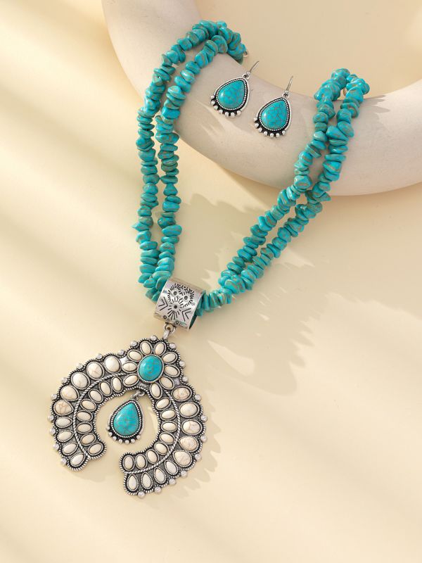 Wholesale Vintage Round Flower Turquoise Pendant Earrings Necklace ACC-NE-Gaoz001