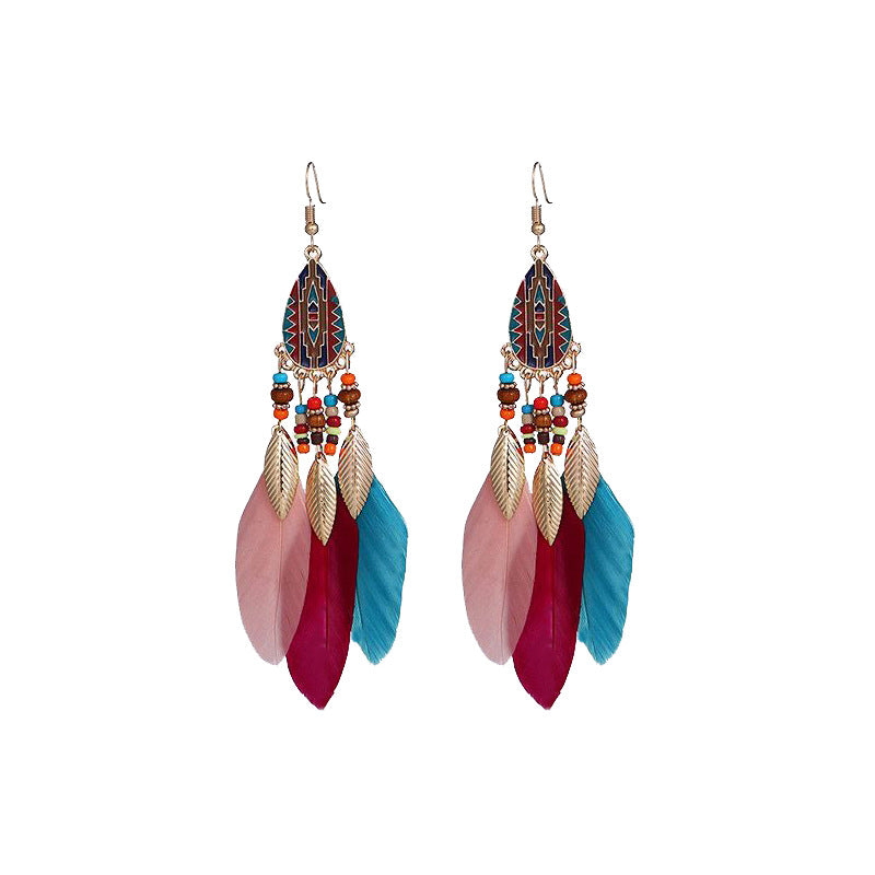 Wholesale Water Drop Tassel Feather Earrings Long Bohemian Rice Bead Earrings ACC-ES-Gumi006