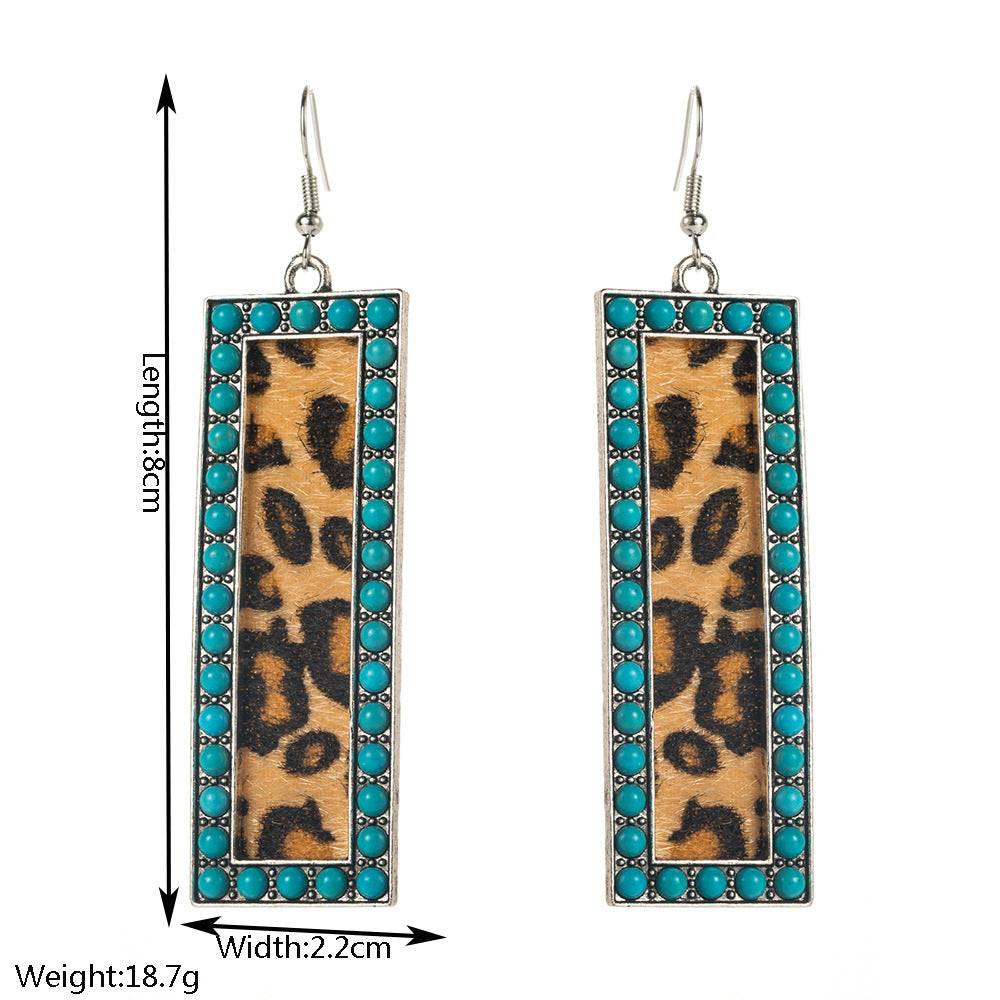 Wholesale Western-style wind diamond-studded pink turquoise sequin leopard print leather earrings