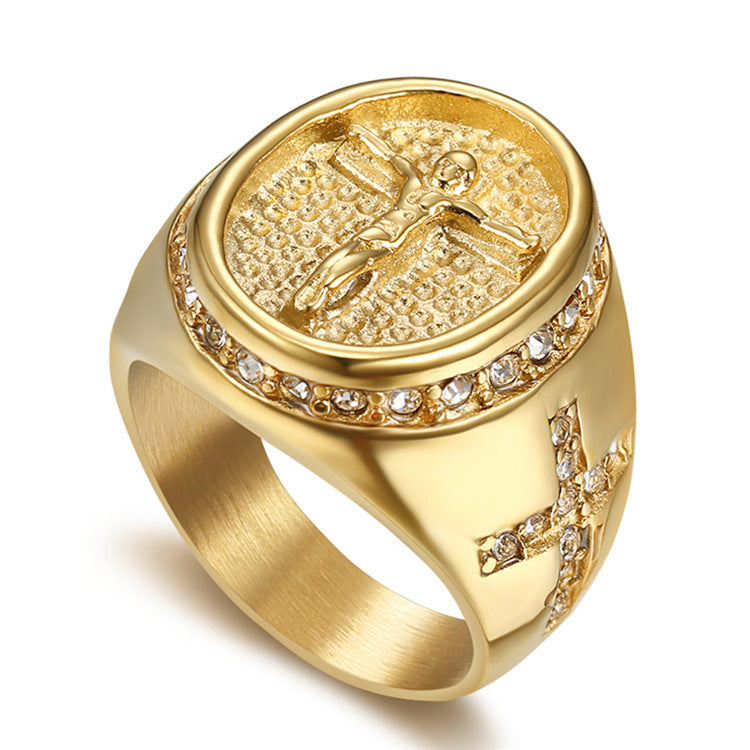 Wholesale head cross stainless steel diamond gold-plated ring