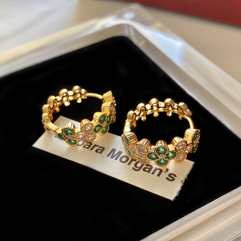 Wholesale Vintage Four-leaf Flower Green Zircon Earrings