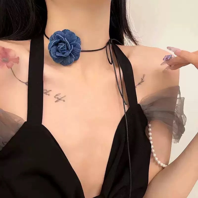 Wholesale Handmade Fabric Flower Choker Necklace With Wax Rope Trendy Jewelry Accessory For Women Gift