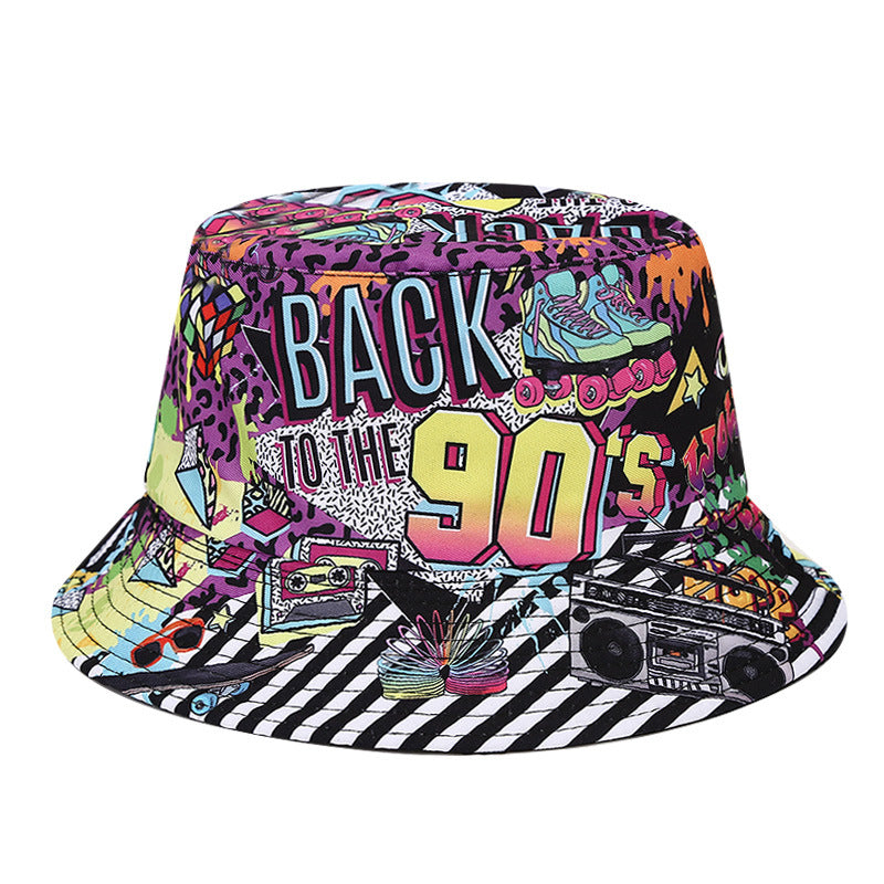 Wholesale  retro printed 80s 90s fisherman hat  double-sided basin hat outdoor bucket hat