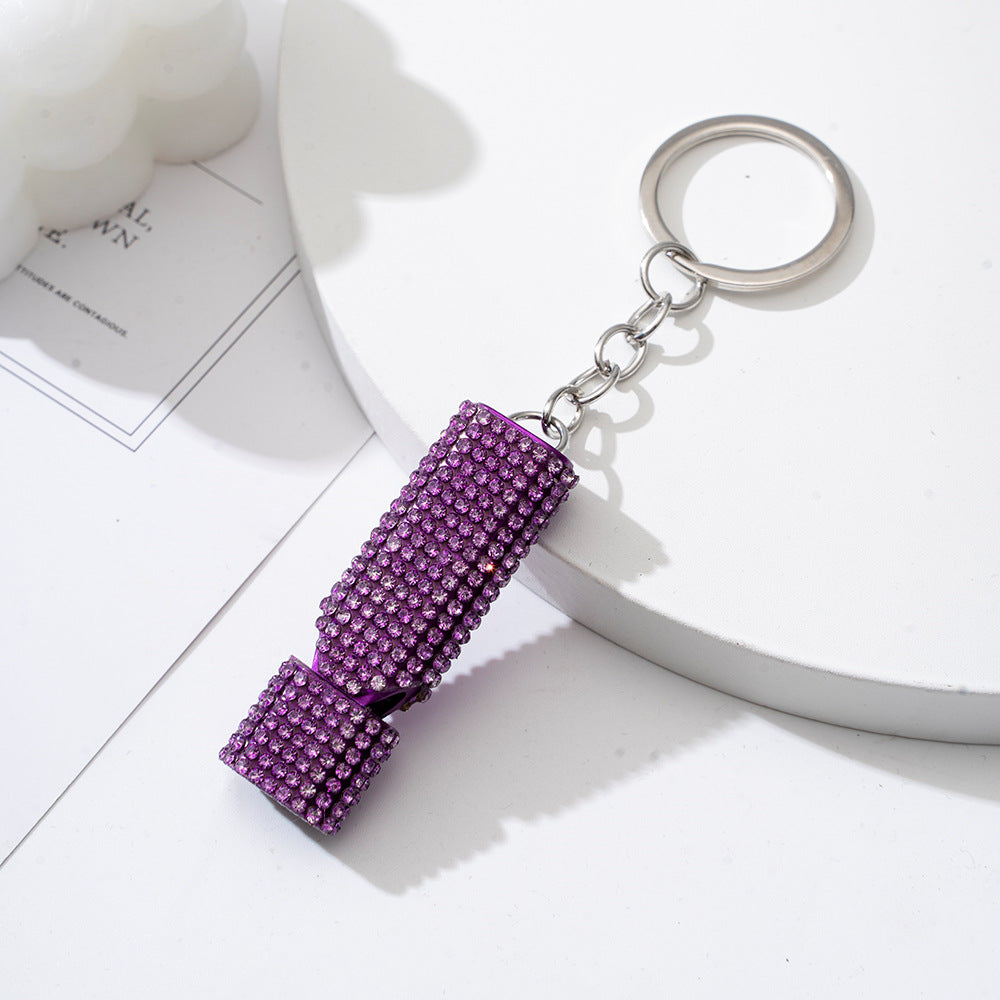 Wholesale outdoor flat aluminum alloy double tube whistle with diamond keychain pendant ACC-KC-ZhiYa001