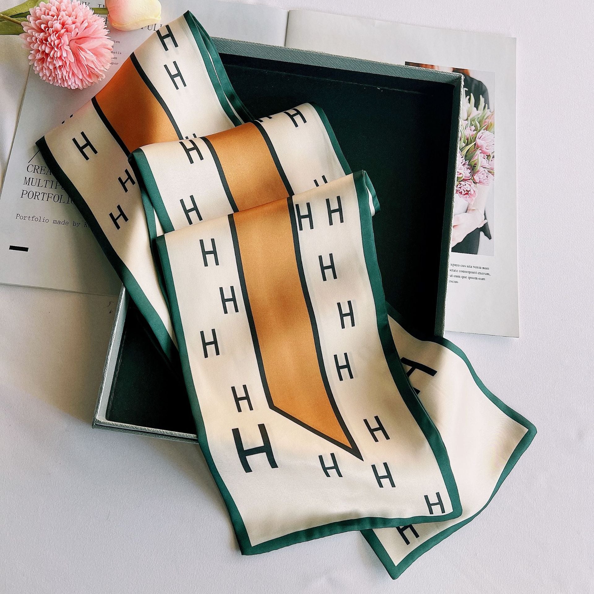 Wholesale  Vintage Striped Floral Double-sided Printed   Silk Scarf