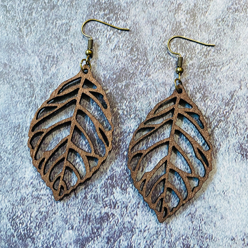 Wholesale  wooden earrings hollow cutting retro leaf shape earrings