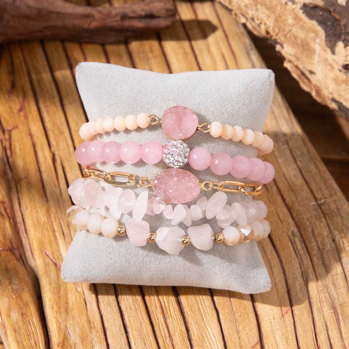Wholesale 5pcs/set Crushed Rose Quartz Bohemian Beaded Bracelet Set