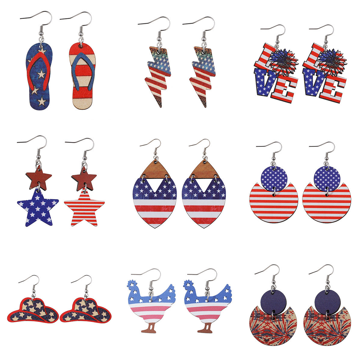 Wholesale American Independence Day Star Slippers Lightning Sunflower Hat Wooden Double Sided Earrings ACC-ES-ChuLian012