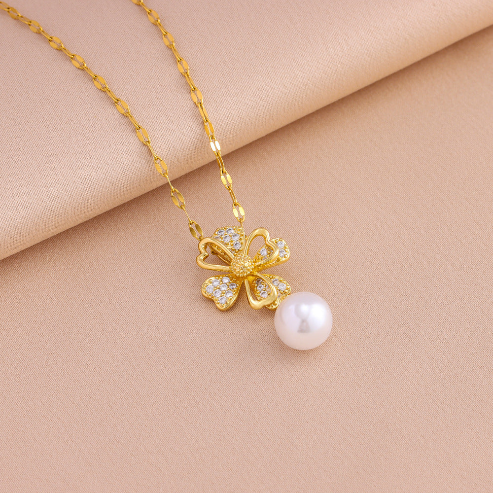 Wholesale Titanium Steel Classic Retro Micro-inlaid Flower  Pearl Necklace Earrings Jewelry Set