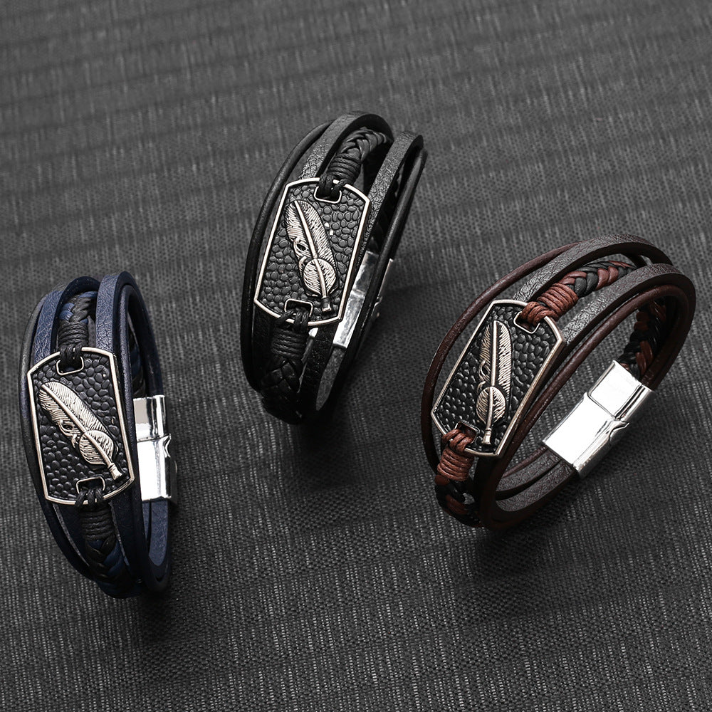 Wholesale Faux Leather Woven Bracelet Men S Vintage Feather Charm Layered Handmade Fashion Jewelry Accessory Gift