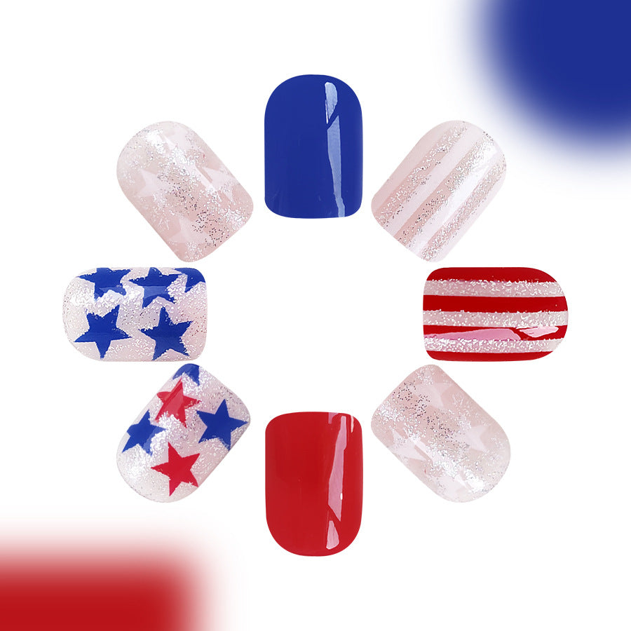 Wholesale 24 Pieces/box American Independence Day Short Glitter Five-pointed Star Manicure Press-on Nails Kits Nail Stickers ACC-NS-GuaiXL017