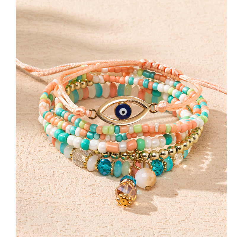 Wholesale Devil's Eye Multi-layered Bracelet Bohemian Style Rice Beads Adjustable Bracelet ACC-BT-XLH006