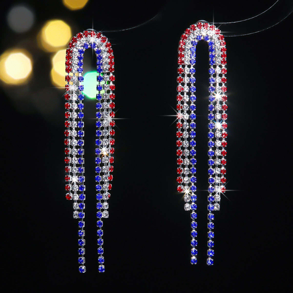 Wholesale Independence Day Super Sparkling Long Tassel Earrings