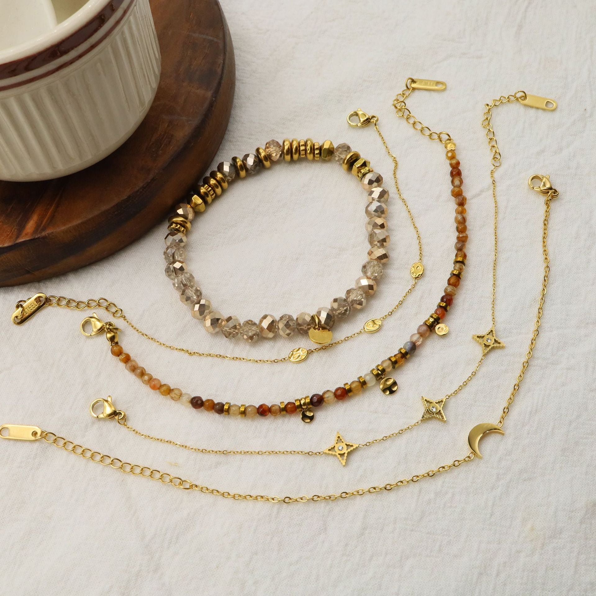 Wholesale moon stacked titanium steel bracelet does not fade natural stone beaded bracelet