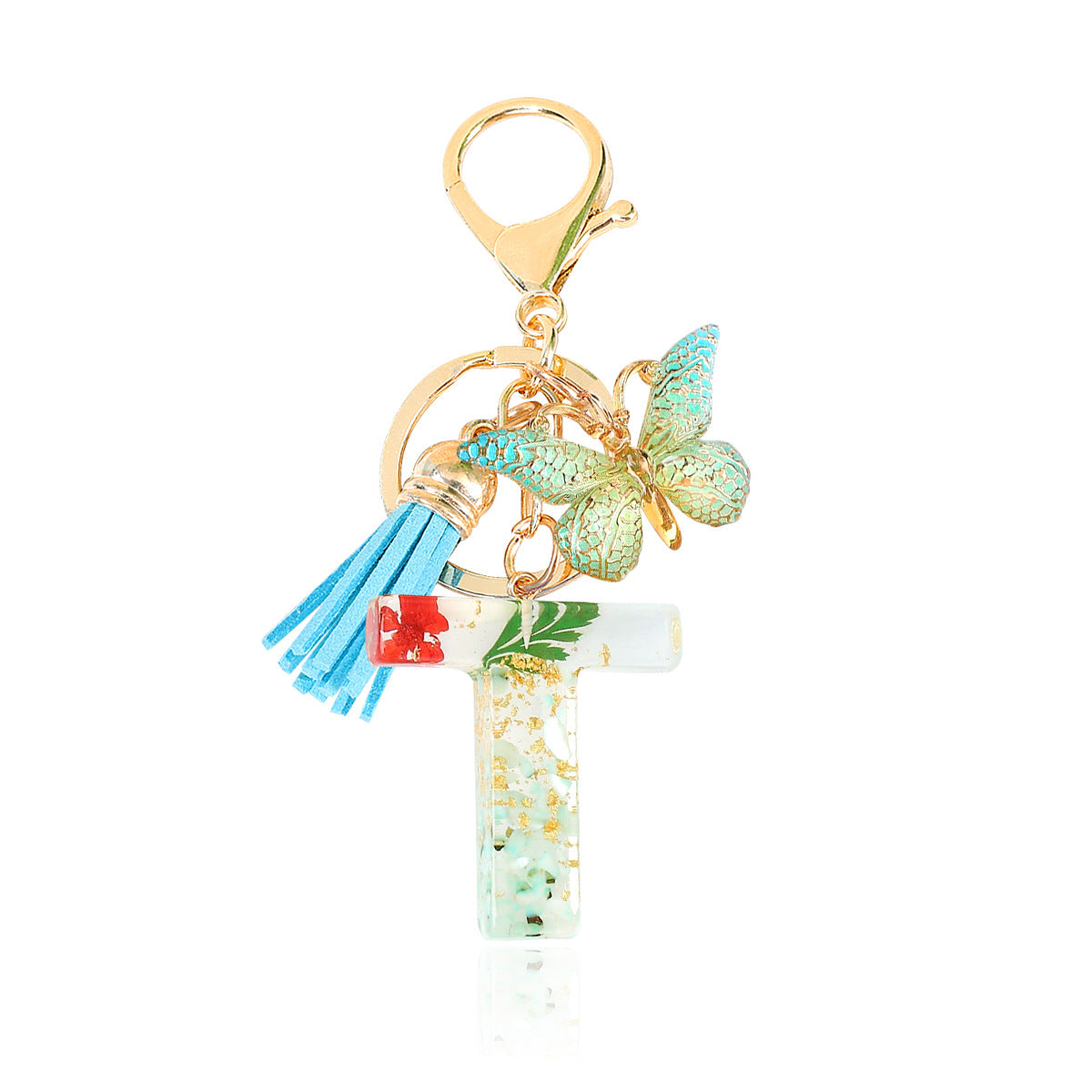 Wholesale Epoxy Green English Letter Dried Flower Crystal Keychain
