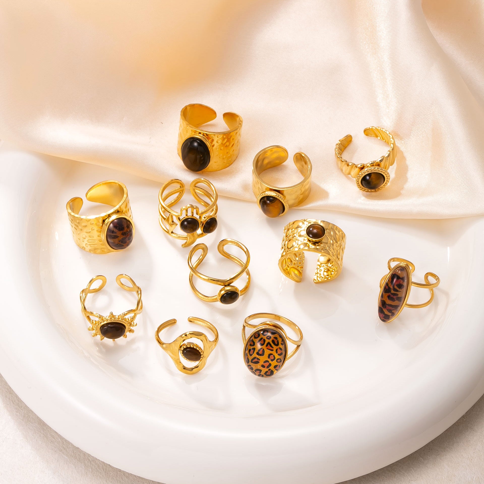 Wholesale Vintage Style Gold Plated Stainless Steel Ring Set - 11 Pieces Boutique Resale Jewelry