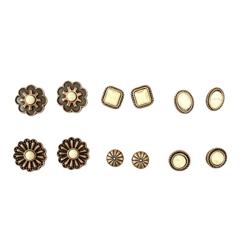 Wholesale Vintage Turquoise Earrings Set Antique Copper Flower Design 6 Pcs Fashion Accessory For Resale