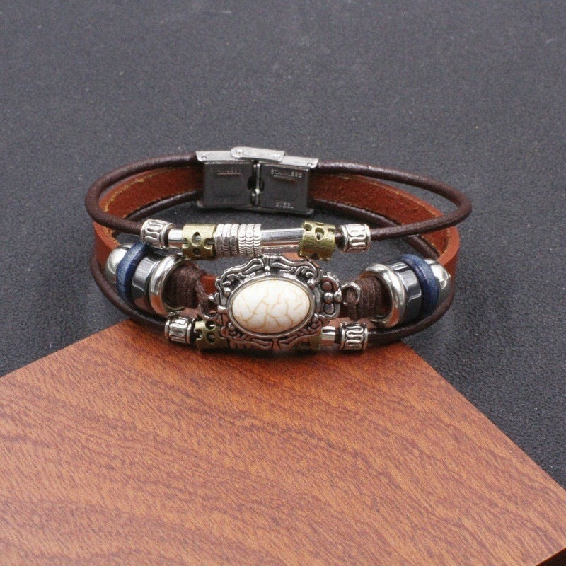 Wholesale Handwoven Leather Turquoise Bracelet Men Unisex Trendy Jewelry Accessory