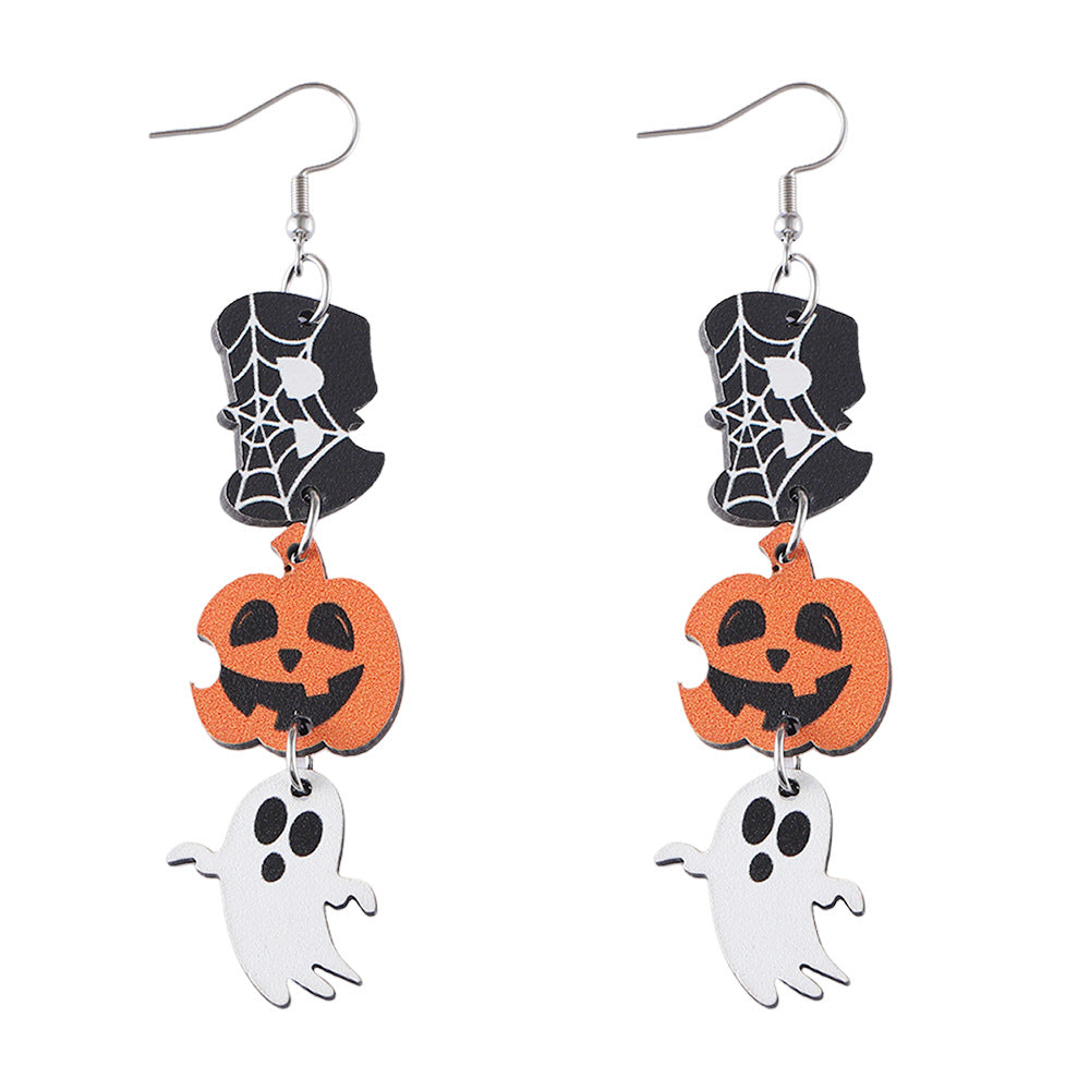 Wholesale Halloween Ghost Face Pumpkin Ghost Triple Stitching Wood Gothic Earrings ACC-ES-ChuLian064