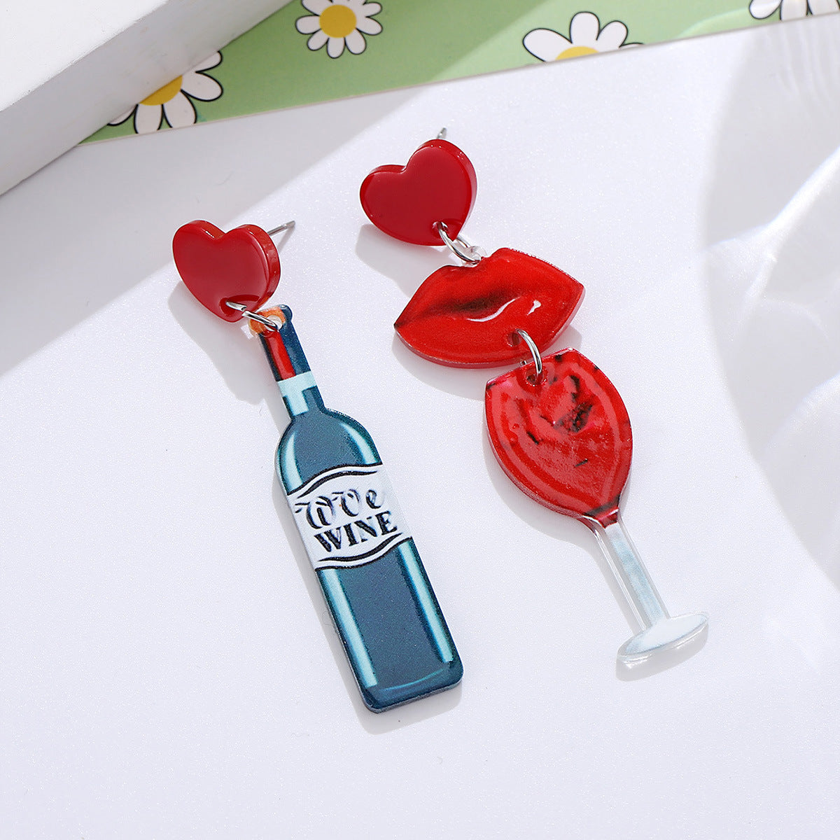 Wholesale Red lips wine glass bottle heart pendant earrings