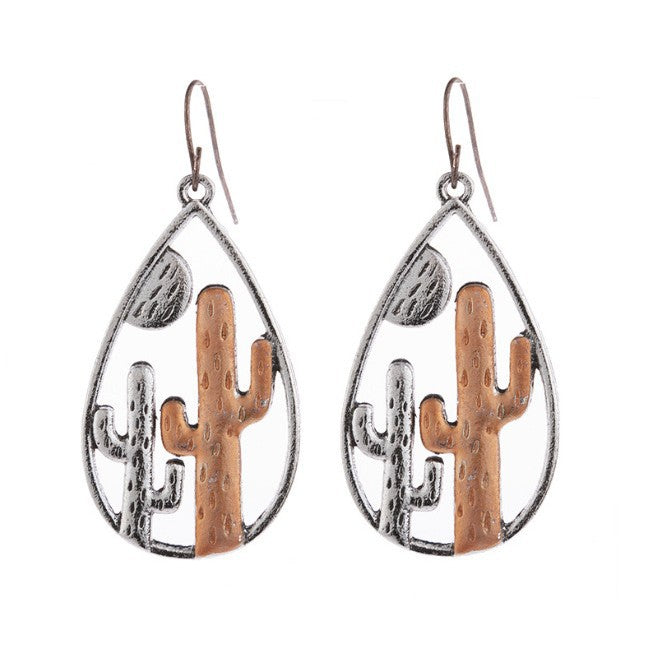 Wholesale Chic Two Tone Cactus Teardrop Earrings Retro Western Hollow Out Metal Jewelry Accessory