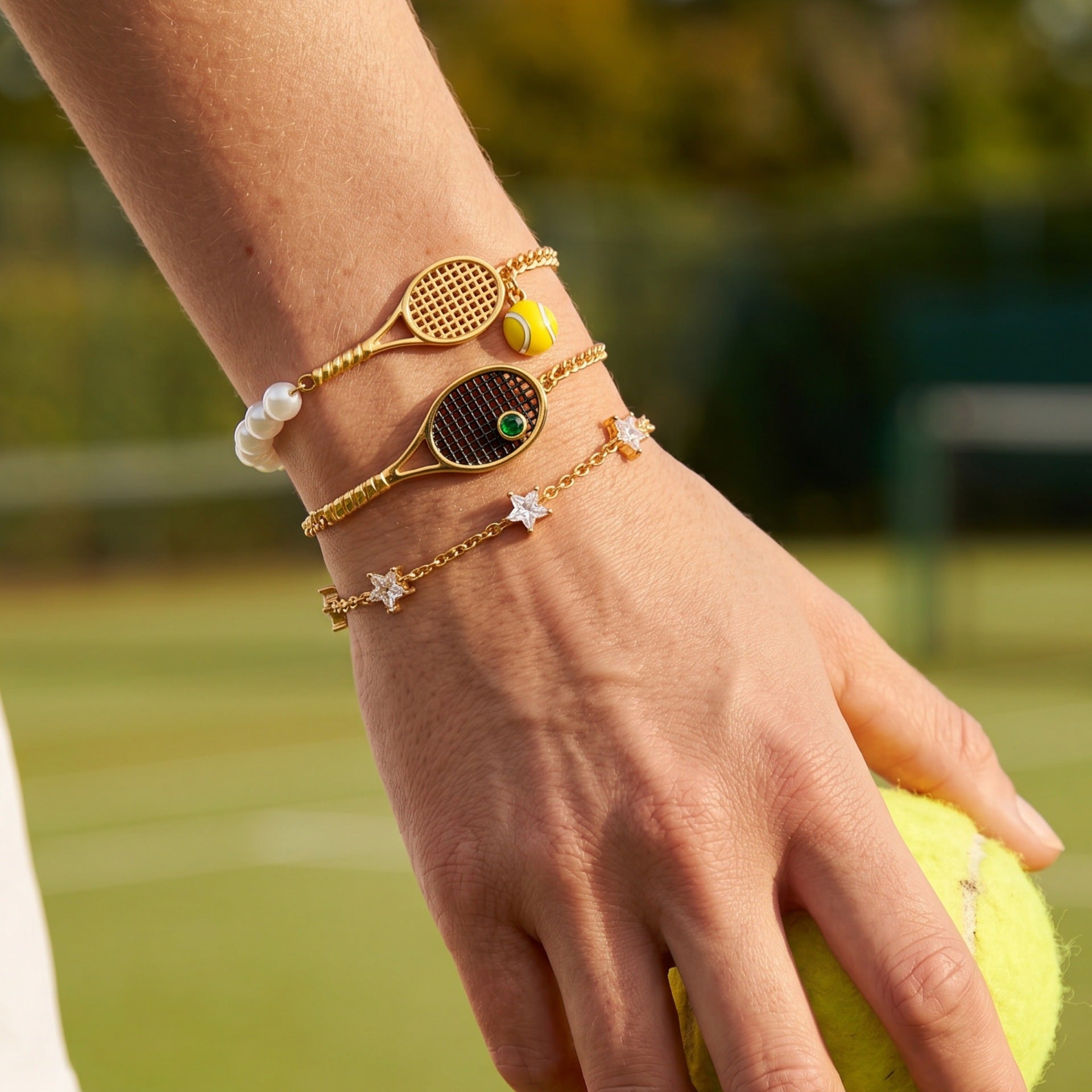 Wholesale Chic Stainless Steel Rhinestone Star Tennis Racket Bracelet Pearl Electroplated Finish Everyday Jewelry Gift