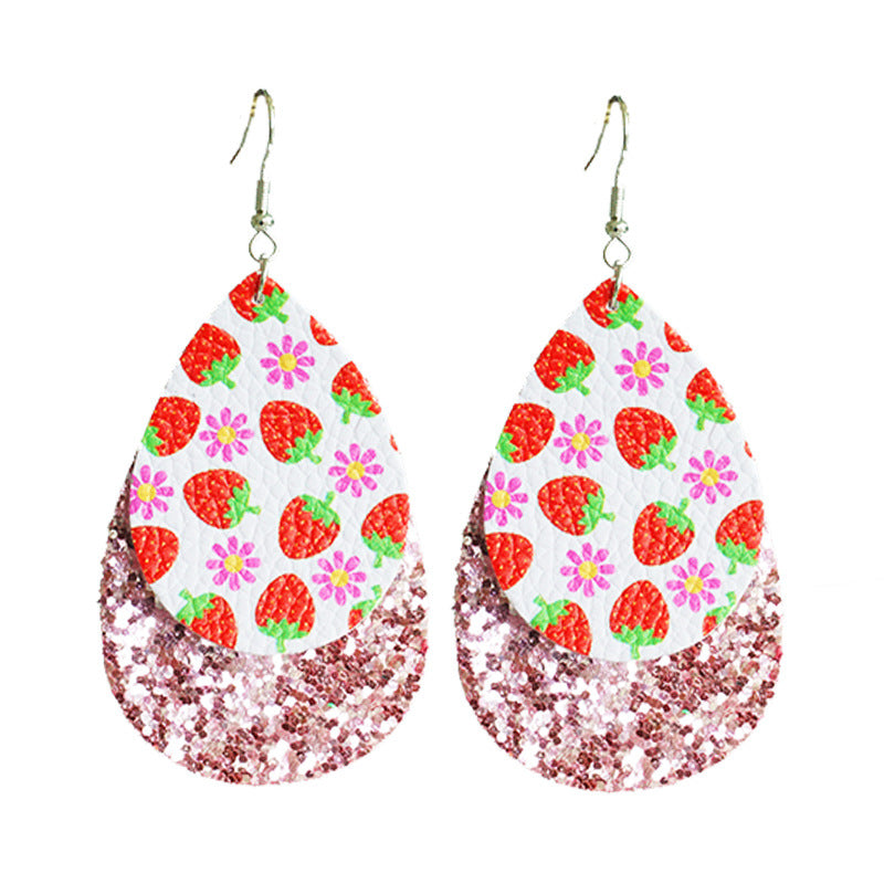 Wholesale 2 Pairs/pack Turtle Watermelon Flamingo Shiny Leather Drop Shape Multi-Layered Earrings ACC-ES-HY088