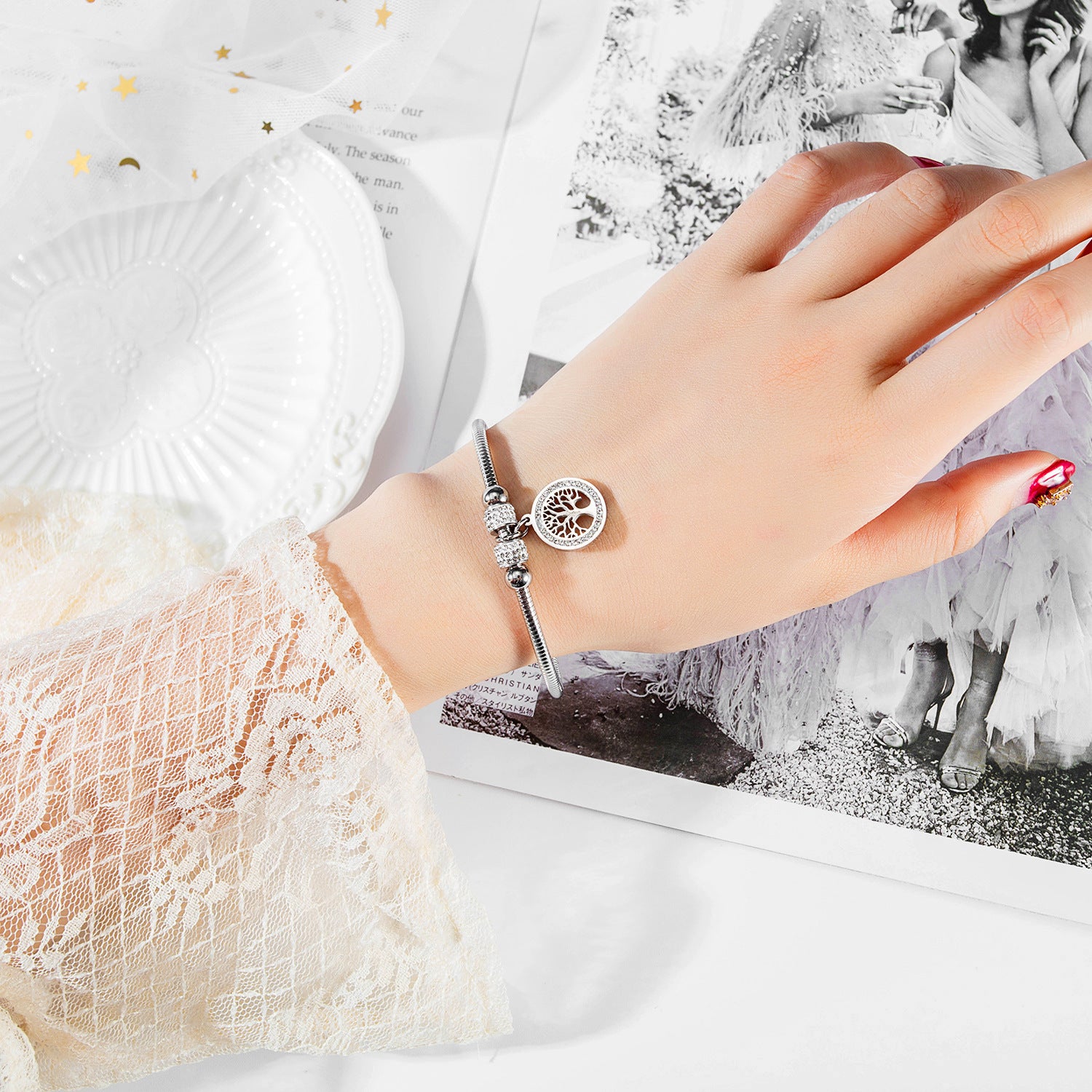 Wholesale diamond tree of life titanium steel bracelet