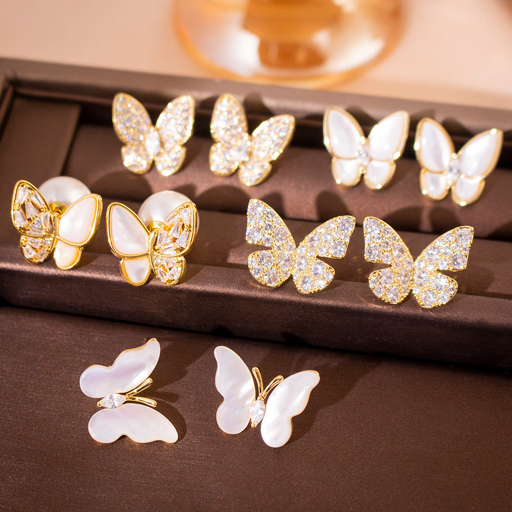 Wholesale Silver Needle High-grade Zircon Butterfly Pearl Earrings