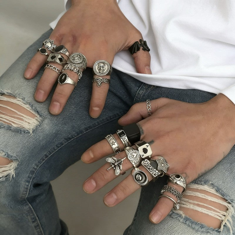 Wholesale Vintage Punk Skeleton  Ring Set 24 Piece Ancient Silver Zinc Alloy Jewelry Accessory