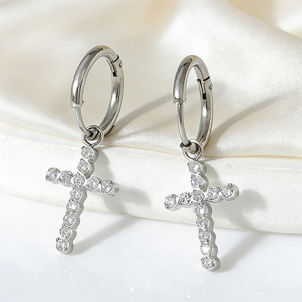 Wholesale Titanium steel zircon cross earrings