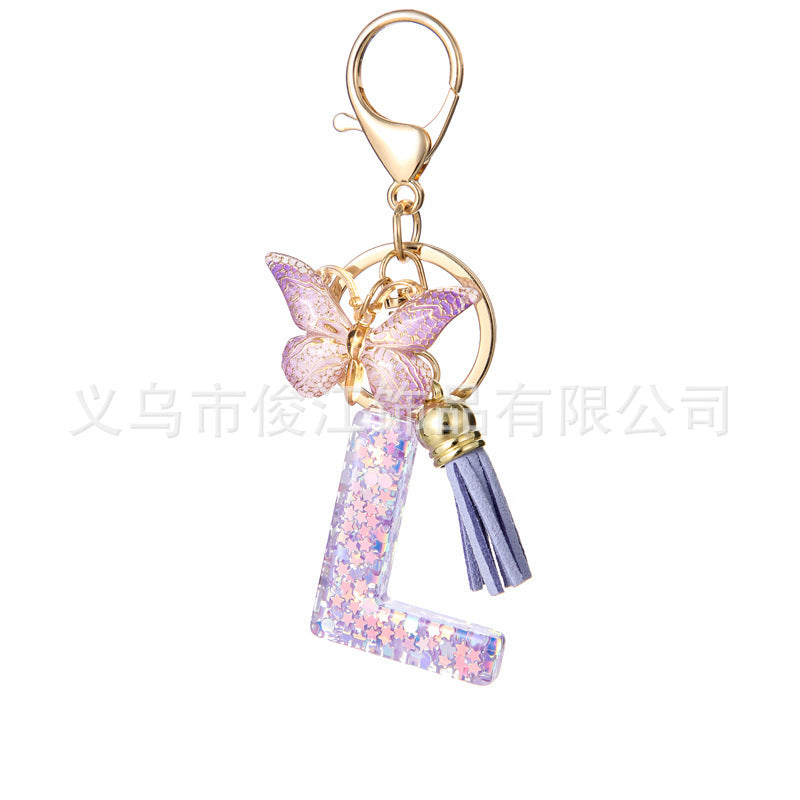 Wholesale Purple Star Tassel Resin Keychain 26 English Letters Bag Charm For Women Students Fashion Decorative Accessory