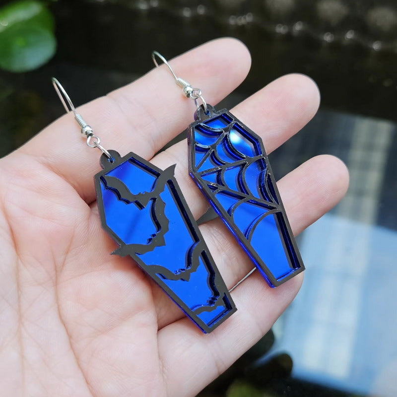 Wholesale Acrylic Gothic Bat Earrings Retro  Web Coffin Design Green Mirror Finish Fashion Accessory For Resale