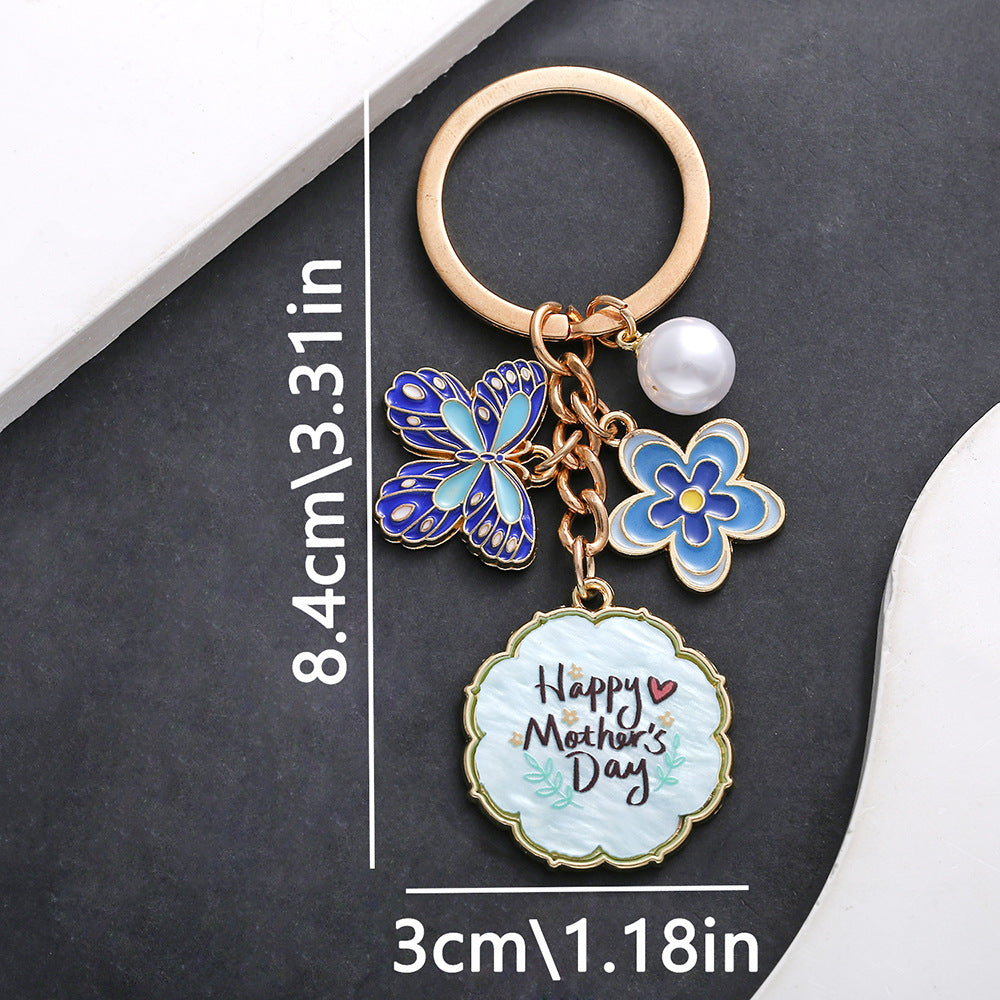 Wholesale Oil Dropping Pink Butterfly Flowers Pearl HAPPYMOTHER' SDAY Keychain Jewelry Pendant
