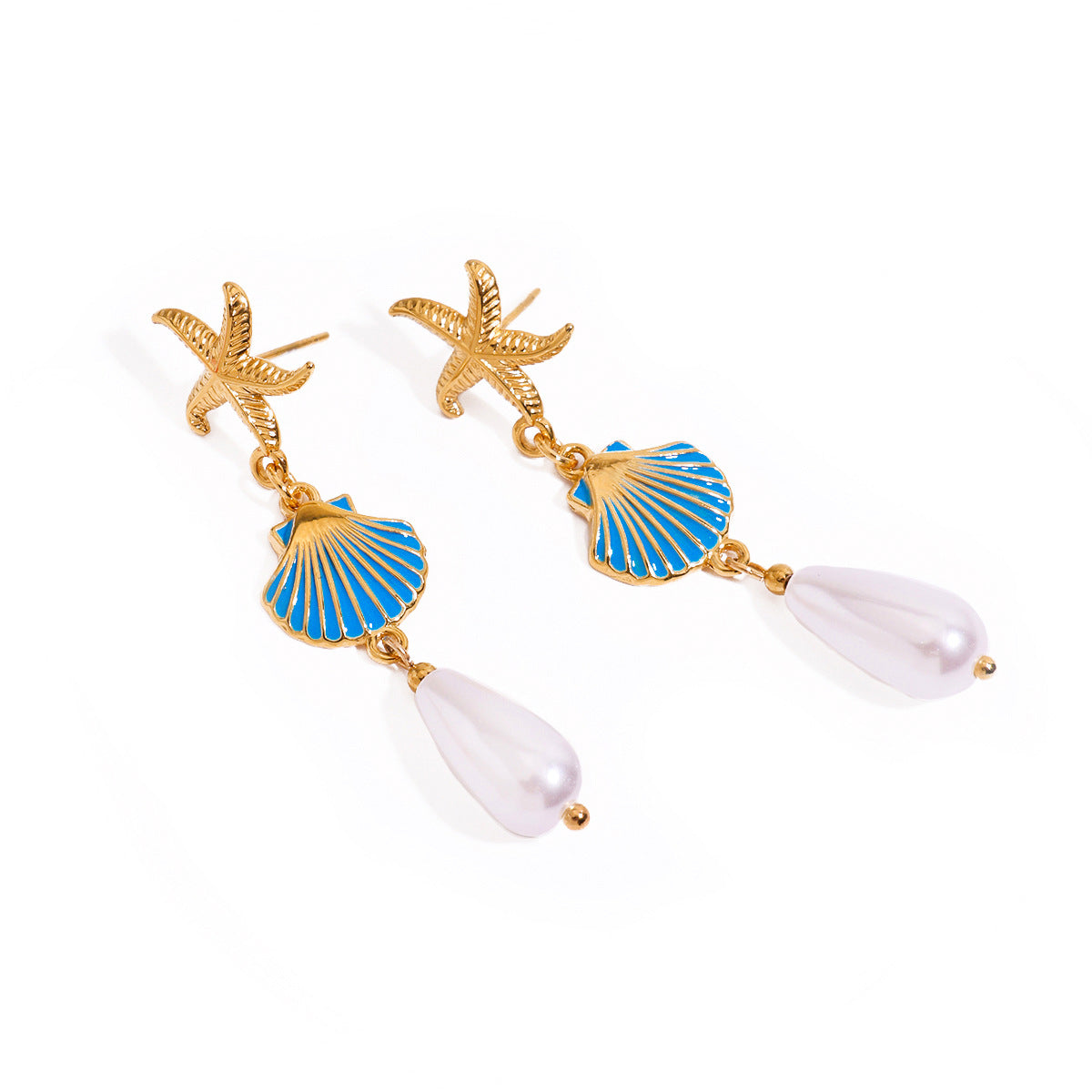 Wholesale 18K gold stainless steel starfish blue oil drop shell pearl earrings